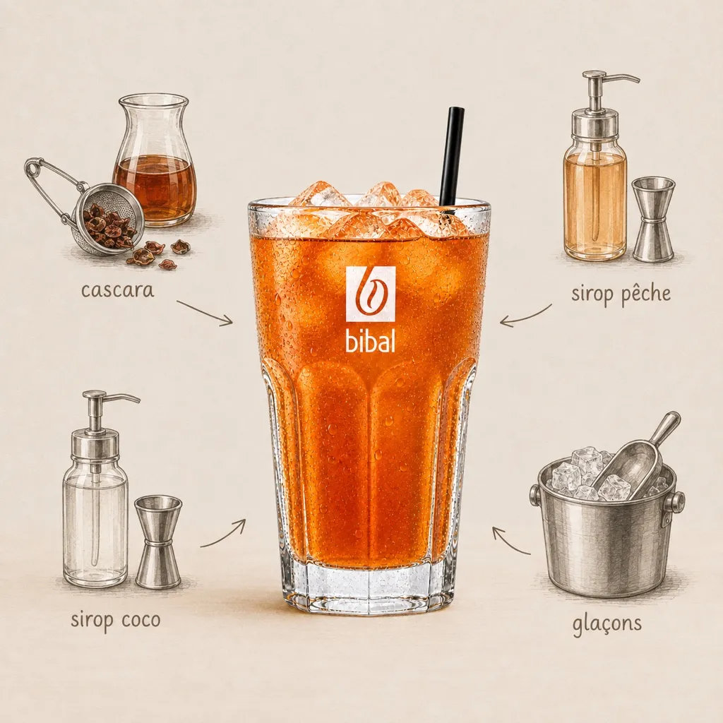 Iced Cascara Pêche-Coco ("Thé de Café") — les ingrédients de la recette, illustrés autour du produit fini
