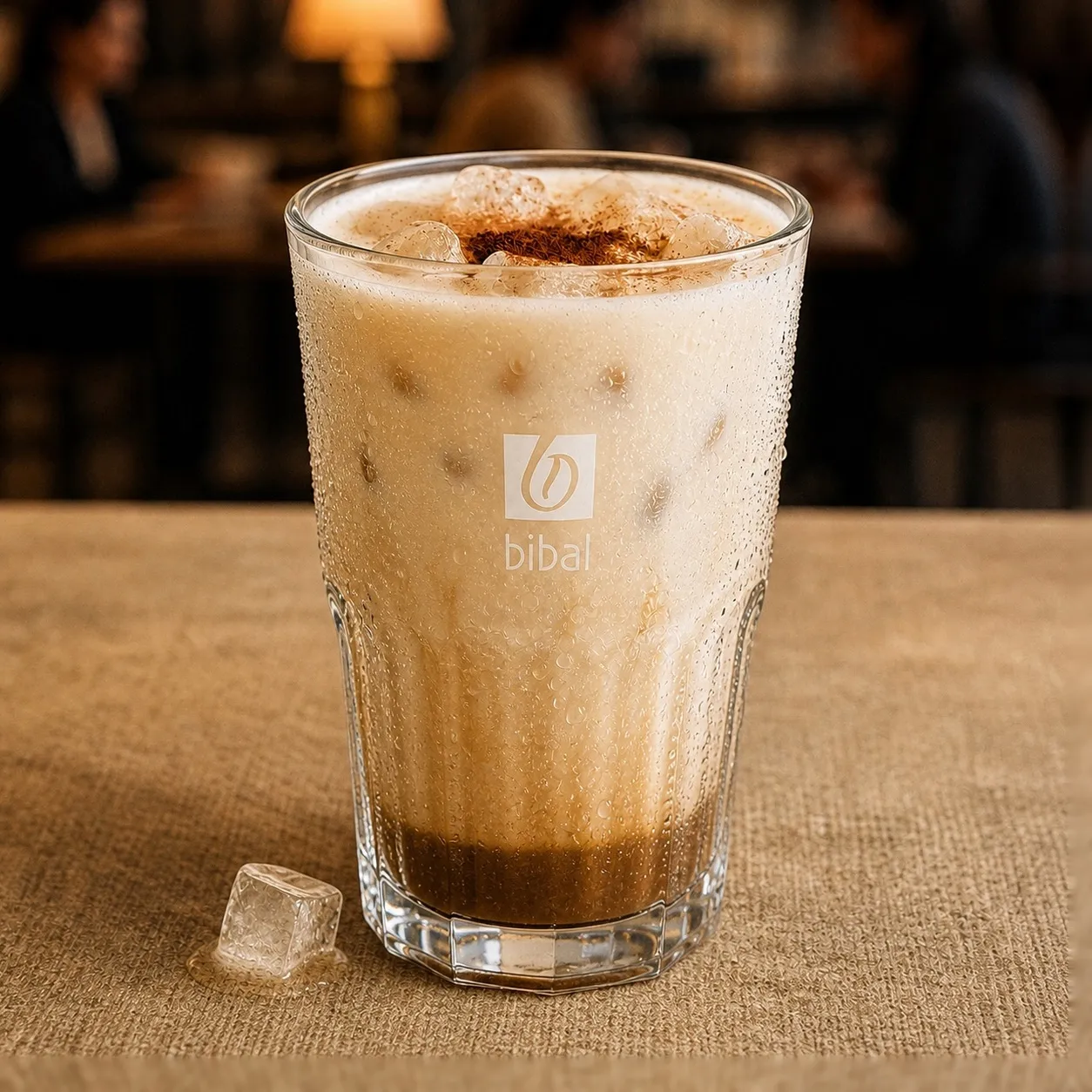 Iced Chai Latte Amande — la même boisson en gros plan à 45° : la matière, la texture et le service