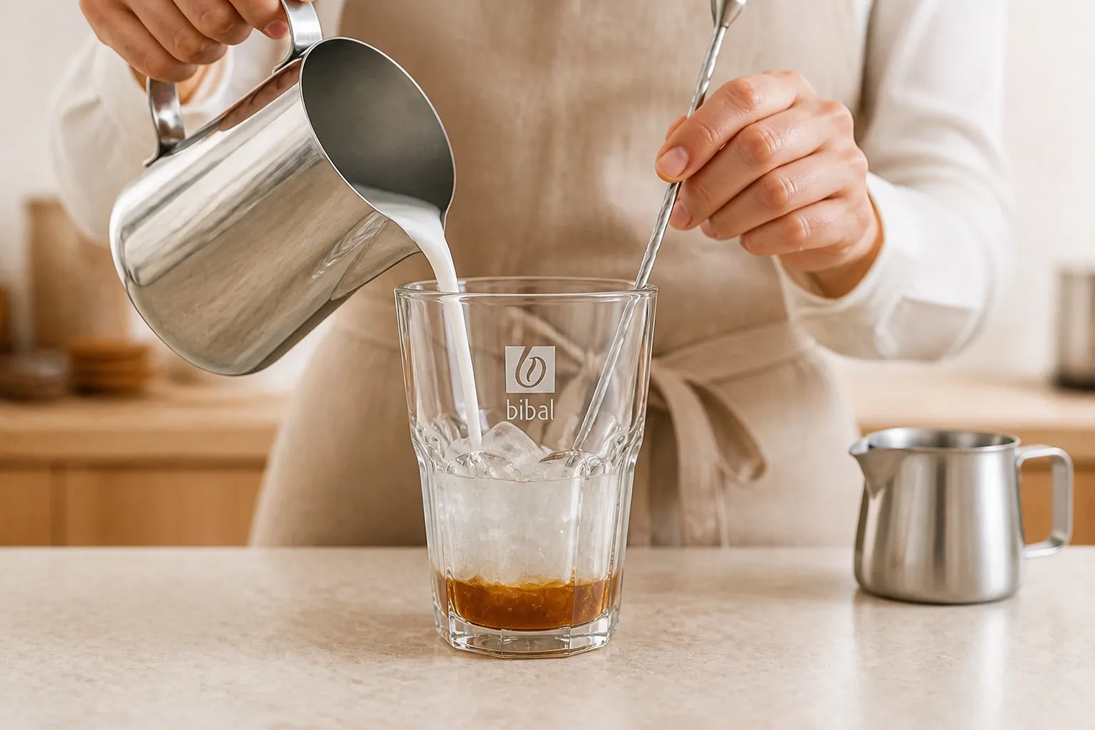 Iced Chai Latte Amande — étape 1 : Mélanger 2 pompes de sirop Chaï + 25 cl de lait d'amande Yofi sur glaçons