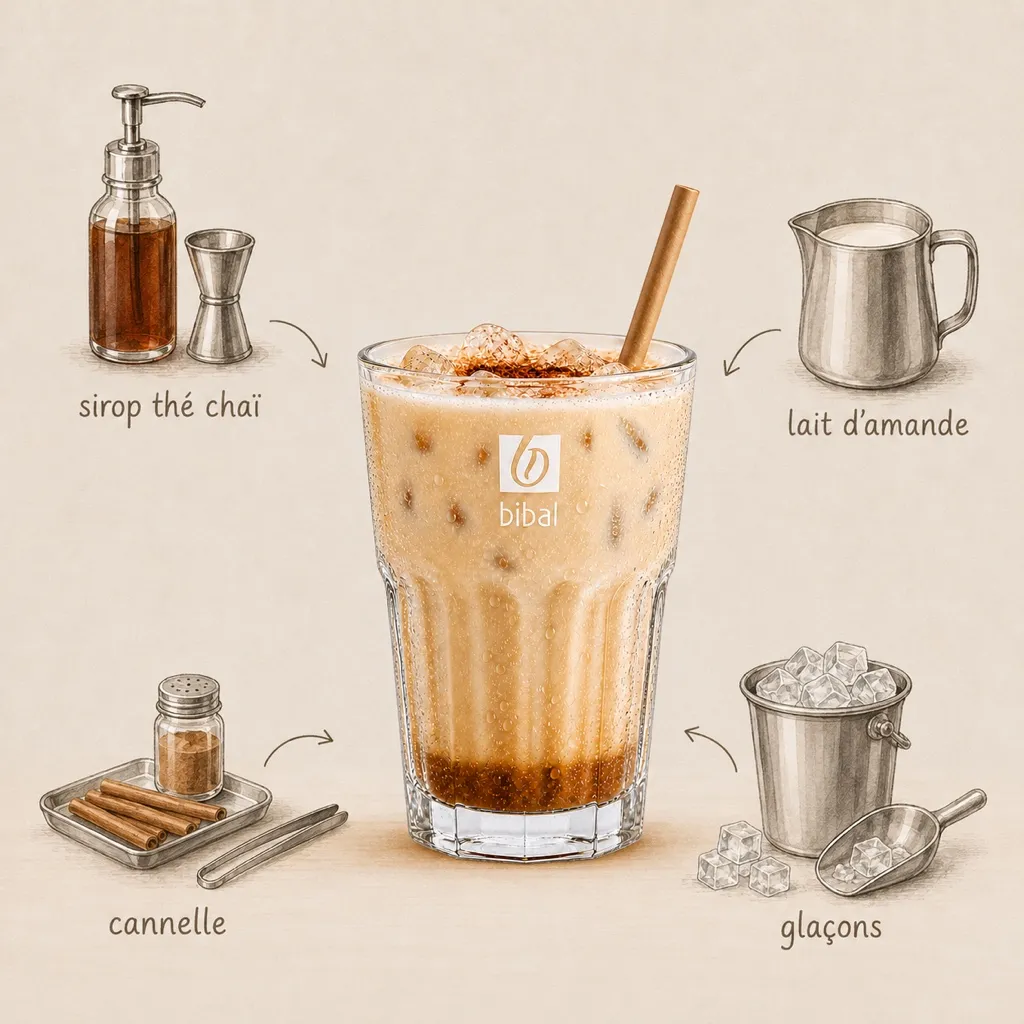 Iced Chai Latte Amande — les ingrédients de la recette, illustrés autour du produit fini