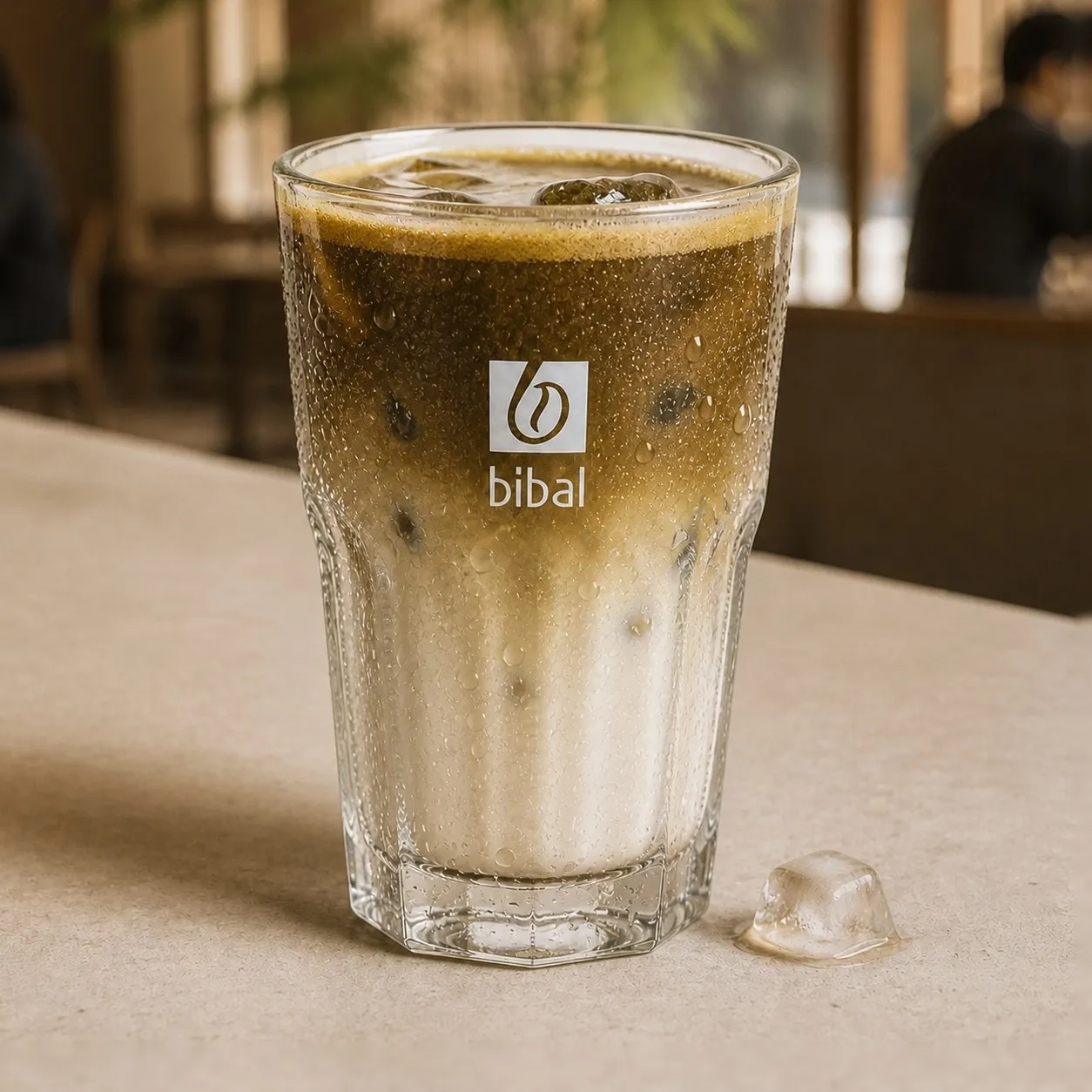 Iced Hojicha Latte — la même boisson en gros plan à 45° : la matière, la texture et le service