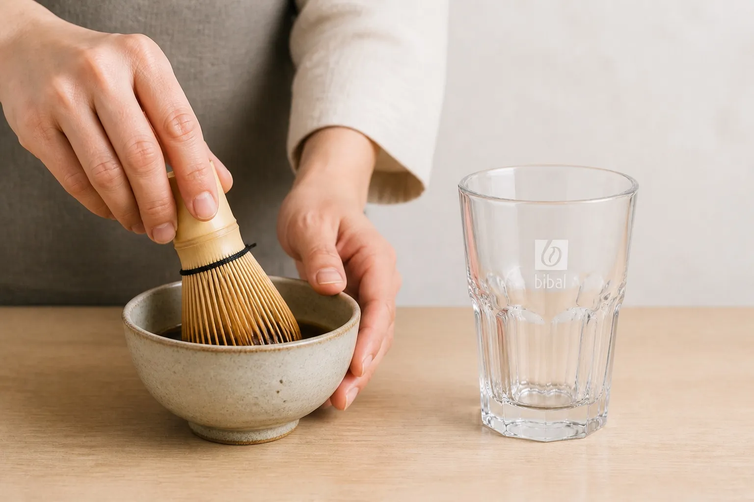 Iced Hojicha Latte — étape 1 : Fouetter 3 g de poudre Hojicha dans 4 cl d'eau chaude