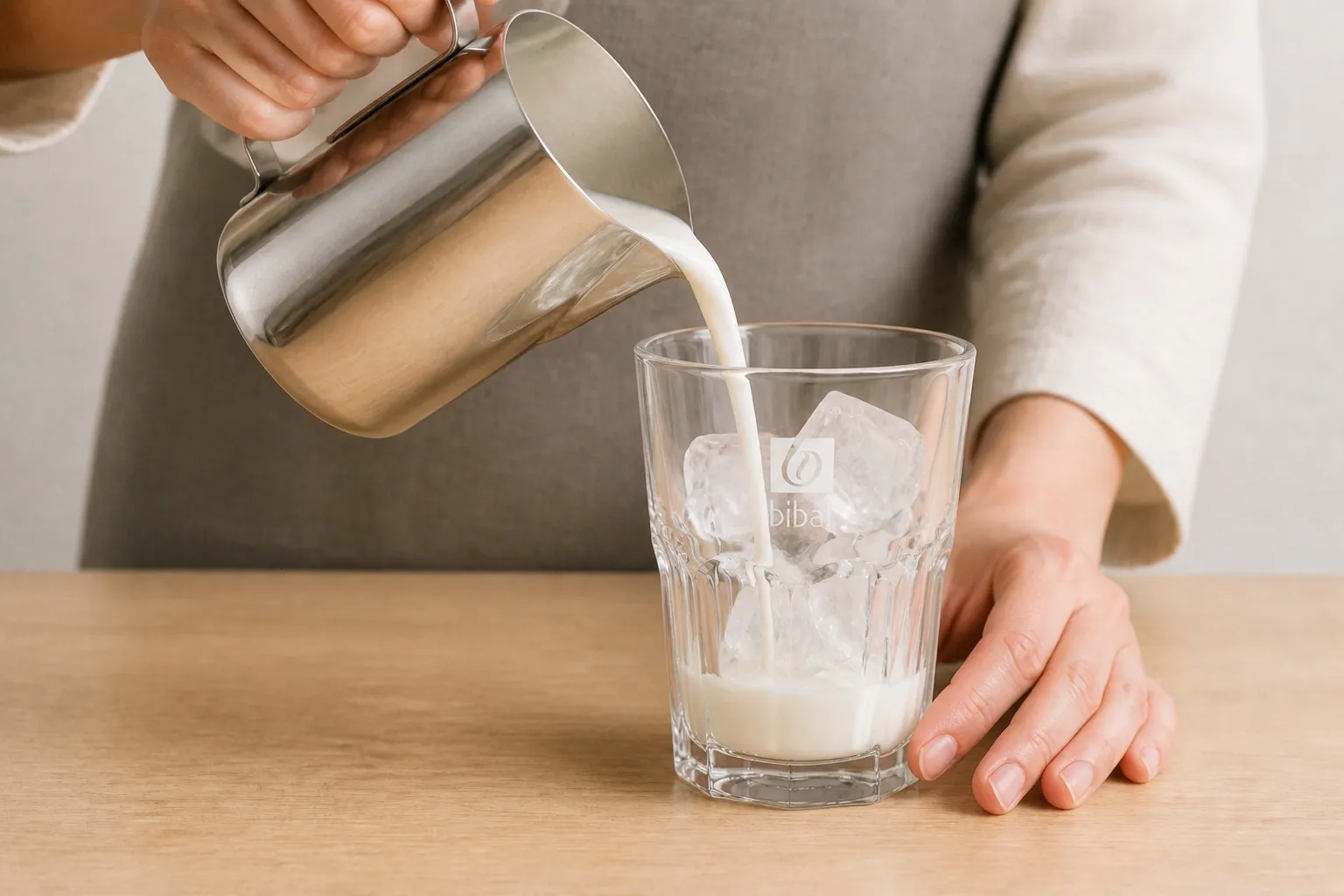 Iced Hojicha Latte — étape 2 : Glaçons + 200 ml de lait froid dans le verre