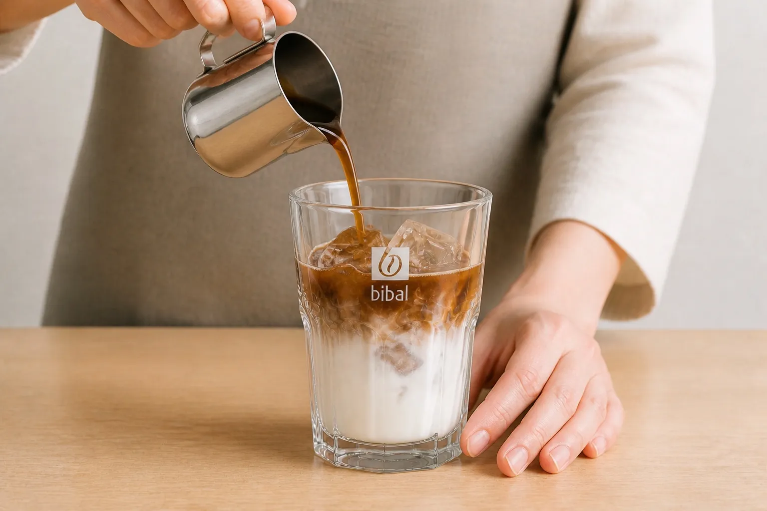 Iced Hojicha Latte — étape 3 : Couler le hojicha au-dessus