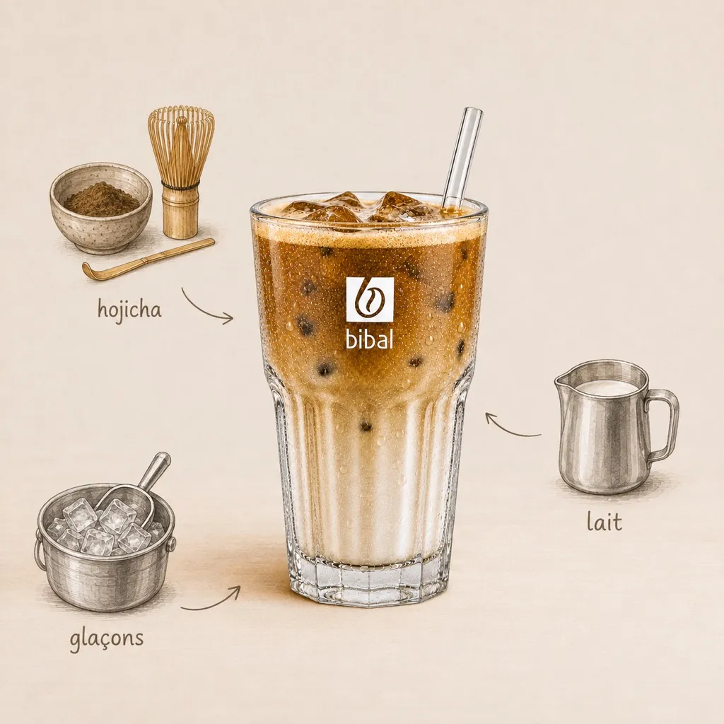 Iced Hojicha Latte — les ingrédients de la recette, illustrés autour du produit fini