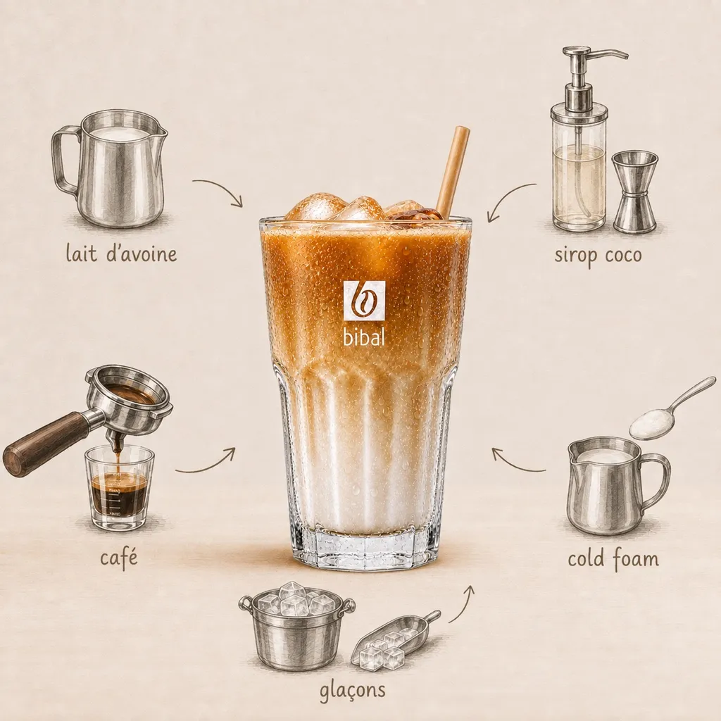 Iced Latte Coco-Avoine — les ingrédients de la recette, illustrés autour du produit fini