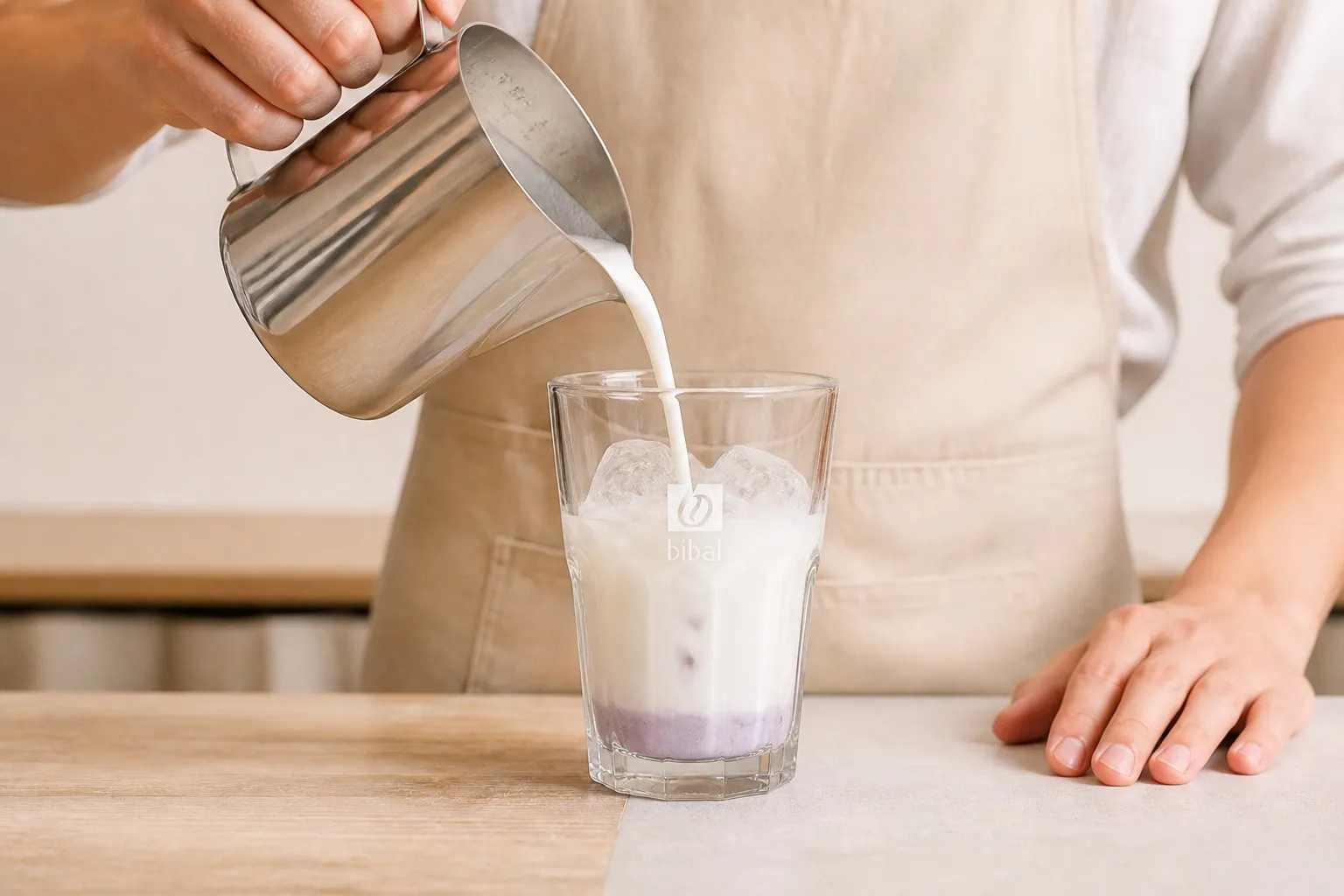 Iced Latte Lavande — étape 1 : Glaçons + 1 pompe de sirop Lavande + 210 ml de lait