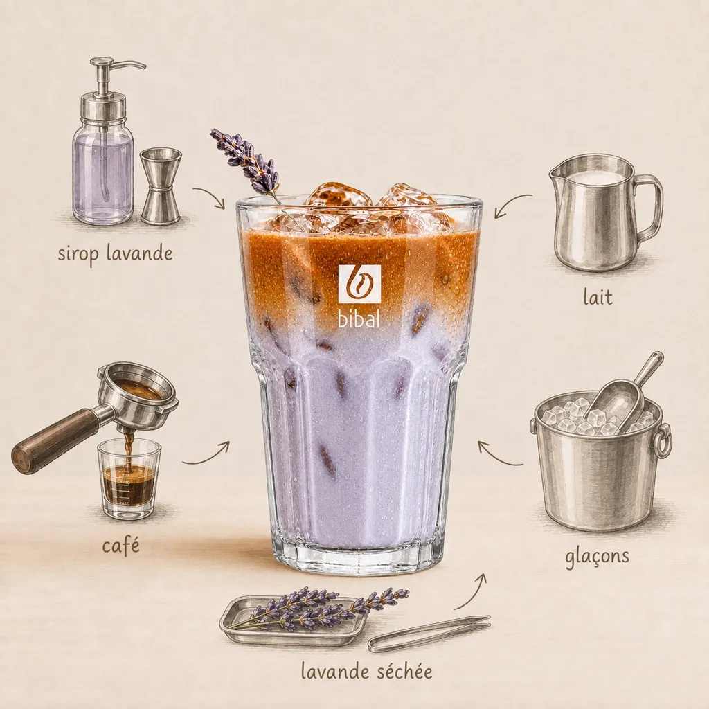 Iced Latte Lavande — les ingrédients de la recette, illustrés autour du produit fini