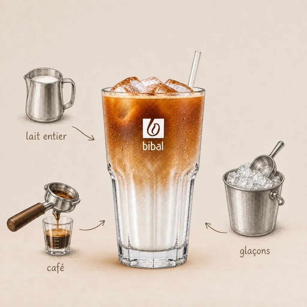 Iced Latte Macchiato — les ingrédients de la recette, illustrés autour du produit fini