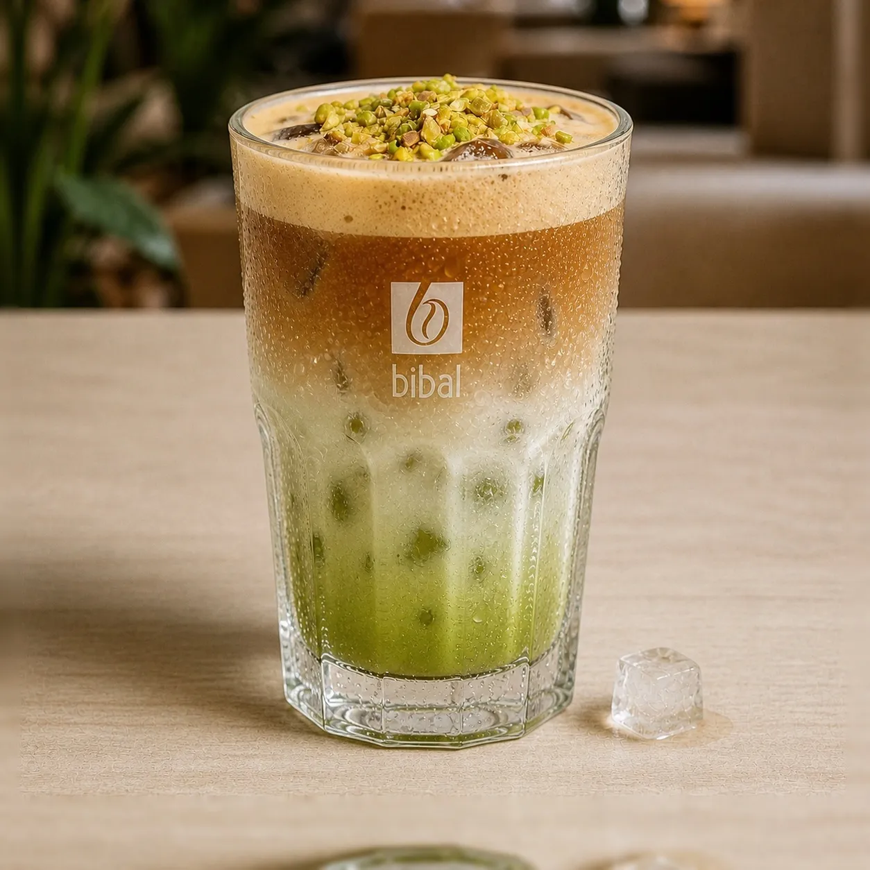 Iced Latte Pistache — la même boisson en gros plan à 45° : la matière, la texture et le service