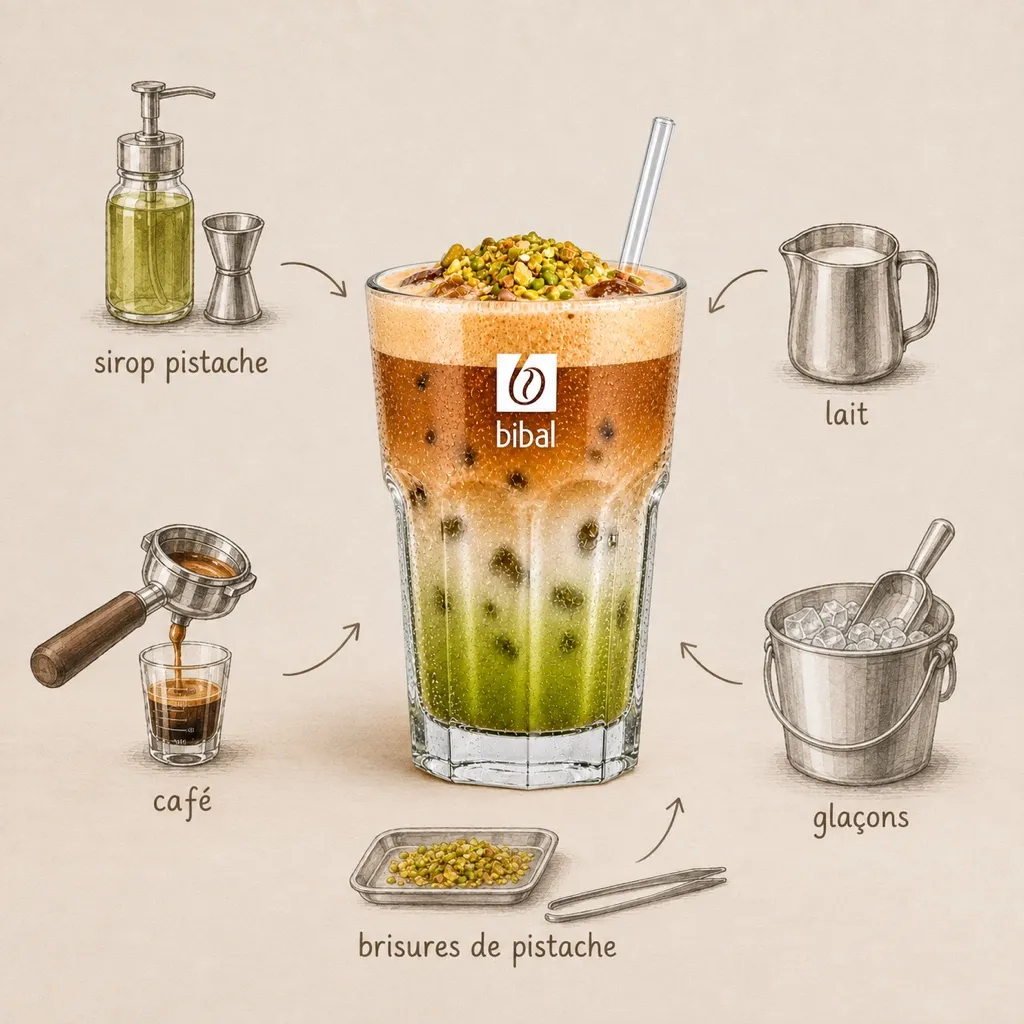 Iced Latte Pistache — les ingrédients de la recette, illustrés autour du produit fini