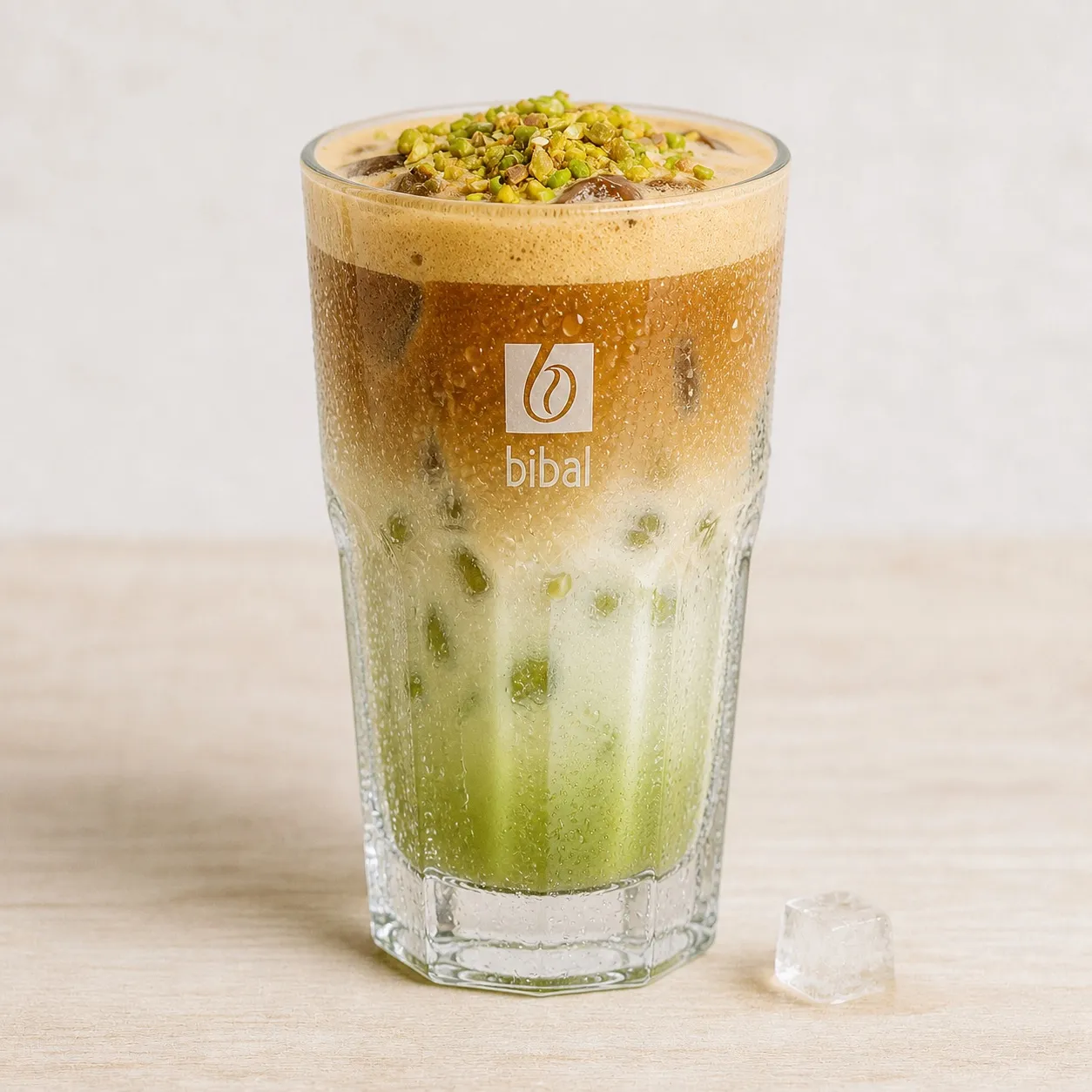 Iced Latte Pistache — La pistache en version glacée : lait frais, expresso Bibal et éclats torréfiés.