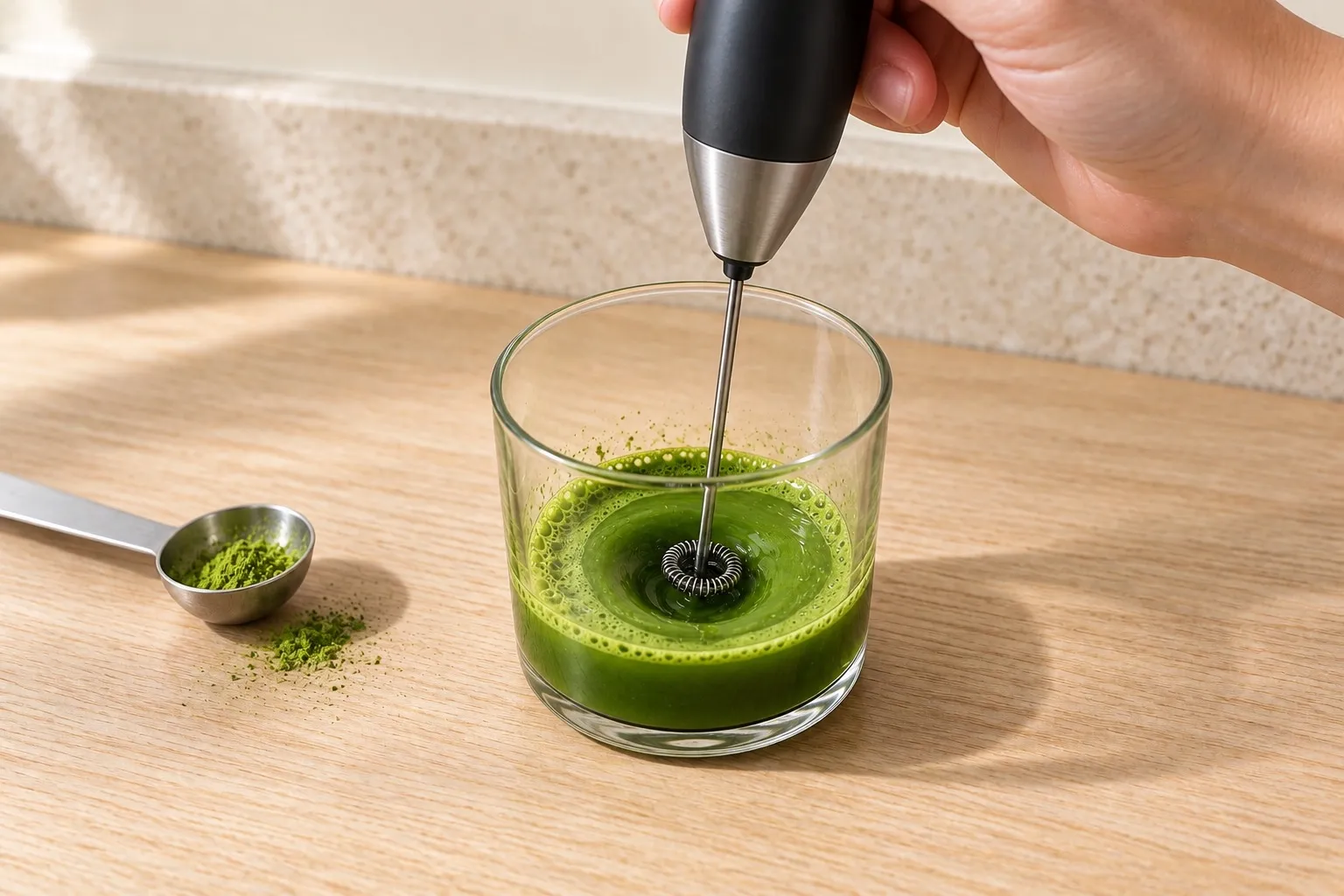 Iced Matcha Latte Kusmi — étape 1 : Préparer le matcha à froid au mousseur électrique dans 4 cl d'eau