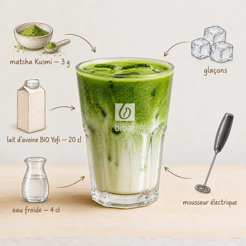 Iced Matcha Latte Kusmi — les ingrédients de la recette, illustrés autour du produit fini