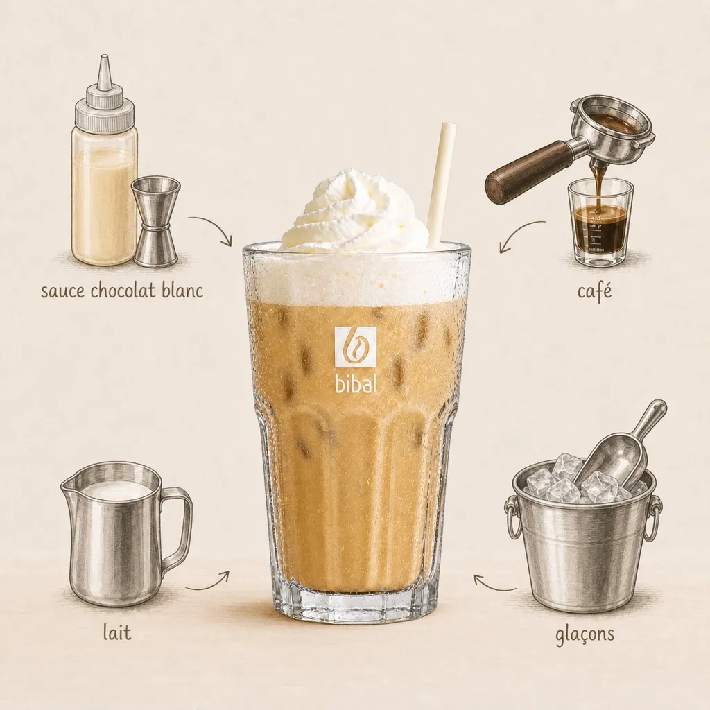 Iced White Café Moka — les ingrédients de la recette, illustrés autour du produit fini