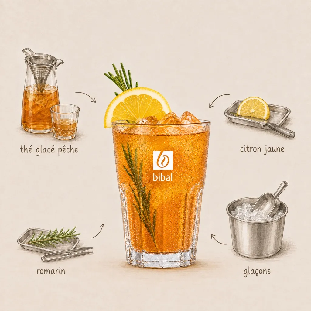 Infusion Pêche Botanique (Maison Meneau) — les ingrédients de la recette, illustrés autour du produit fini