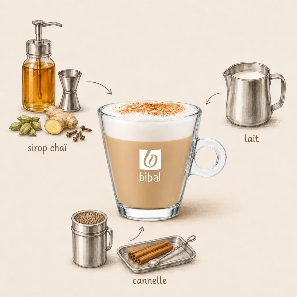 Latte Chai — les ingrédients de la recette, illustrés autour du produit fini