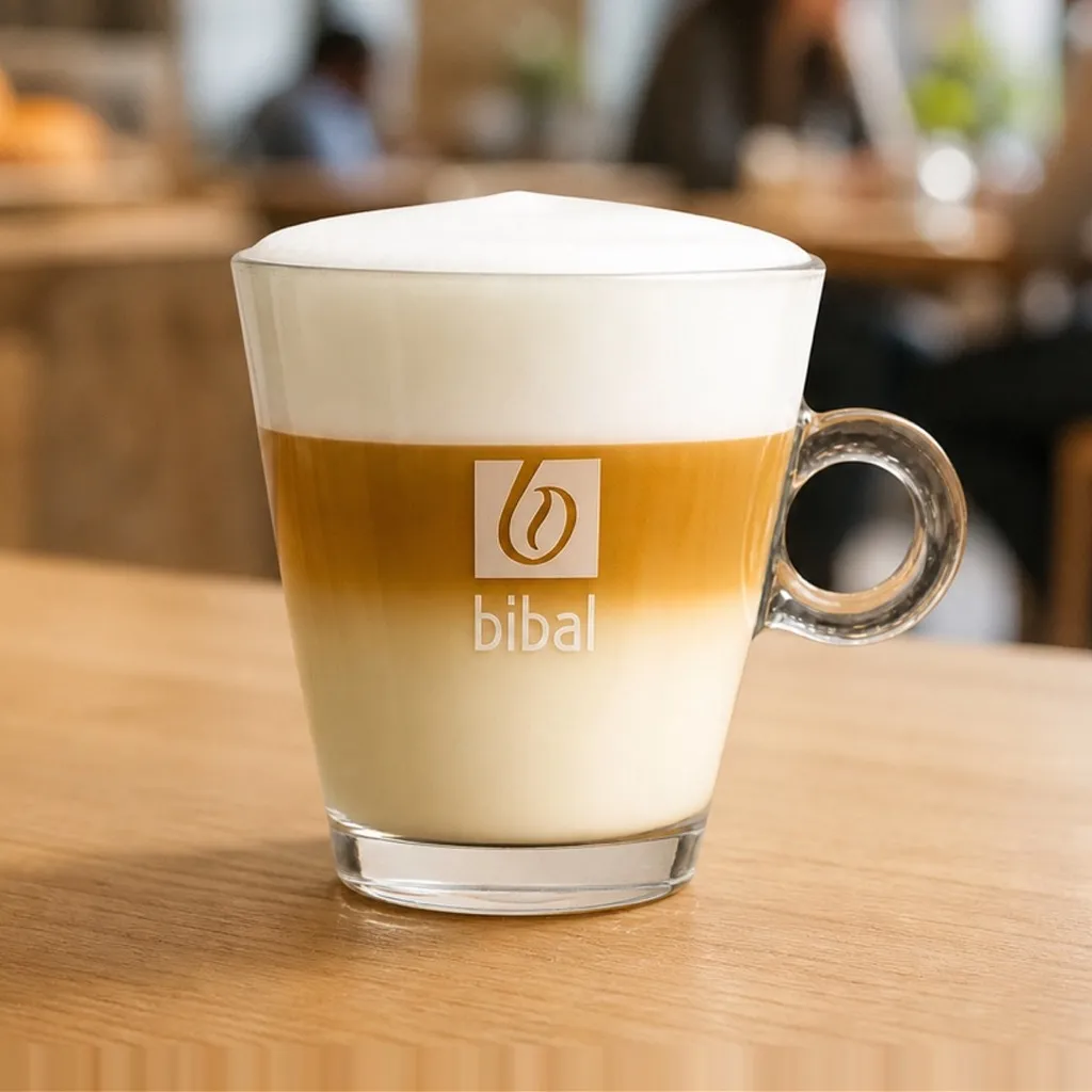 Latte Macchiato — la même boisson en gros plan à 45° : la matière, la texture et le service