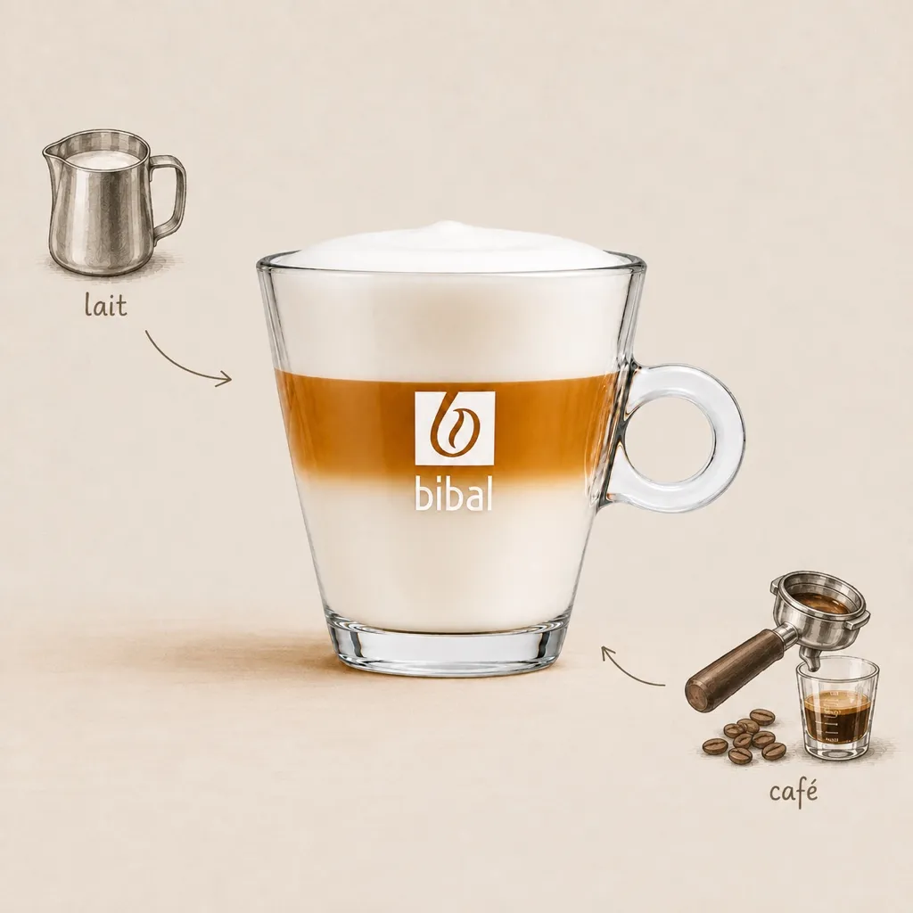 Latte Macchiato — les ingrédients de la recette, illustrés autour du produit fini