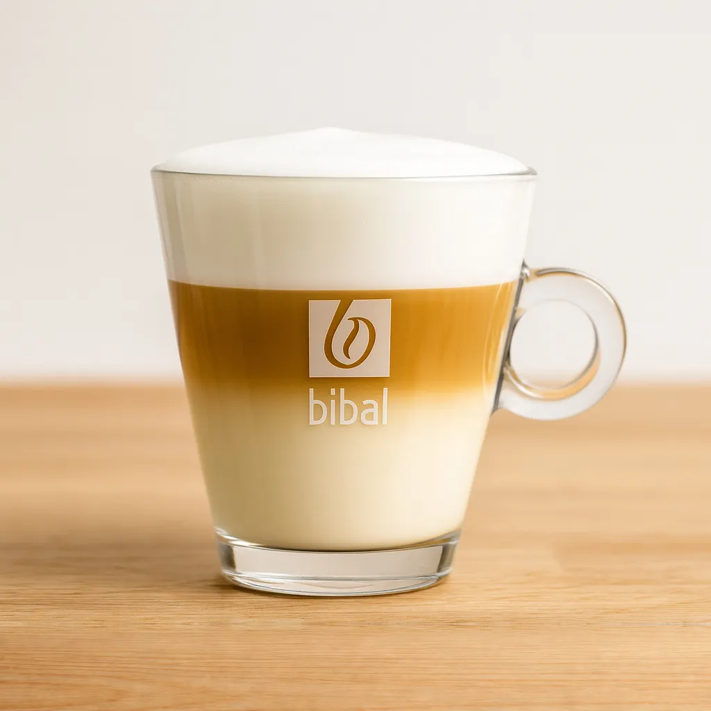 Latte macchiato en verre, lait, café et mousse en trois couches