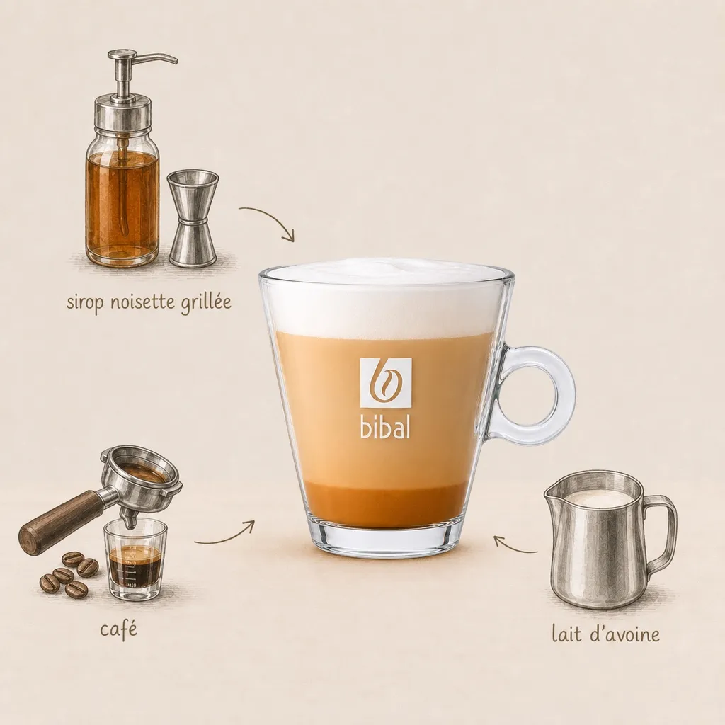 Latte Végétal Noisette Torréfiée — les ingrédients de la recette, illustrés autour du produit fini