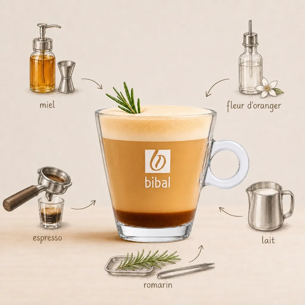 Le Latte de la Garrigue — Signature "Made in Sud" — les ingrédients de la recette, illustrés autour du produit fini
