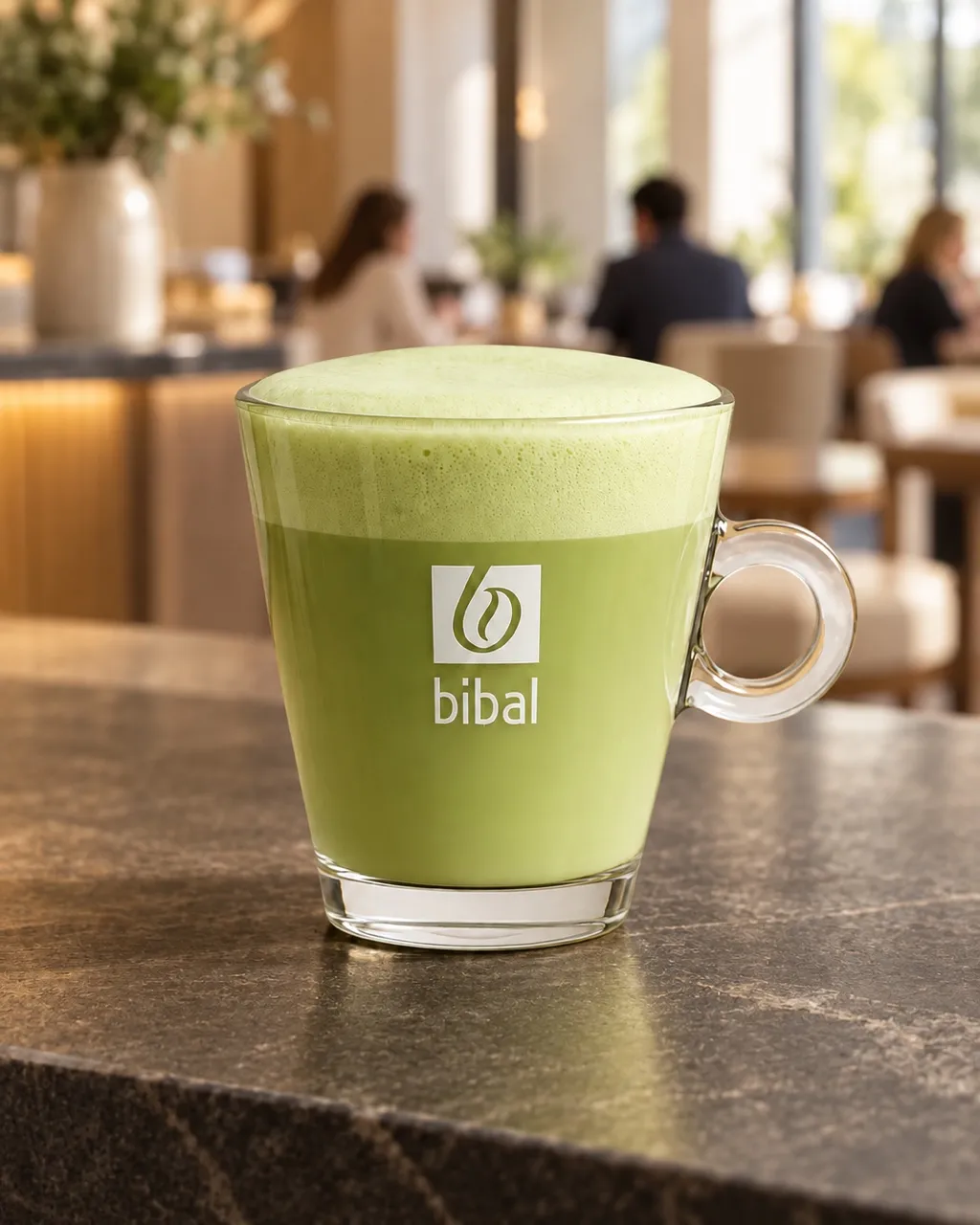 Le Vrai Matcha Latte Kusmi Tea — la même boisson en gros plan à 45° : la matière, la texture et le service