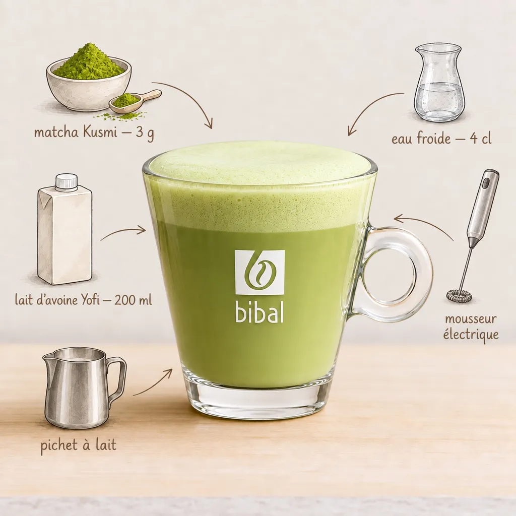 Le Vrai Matcha Latte Kusmi Tea — les ingrédients de la recette, illustrés autour du produit fini