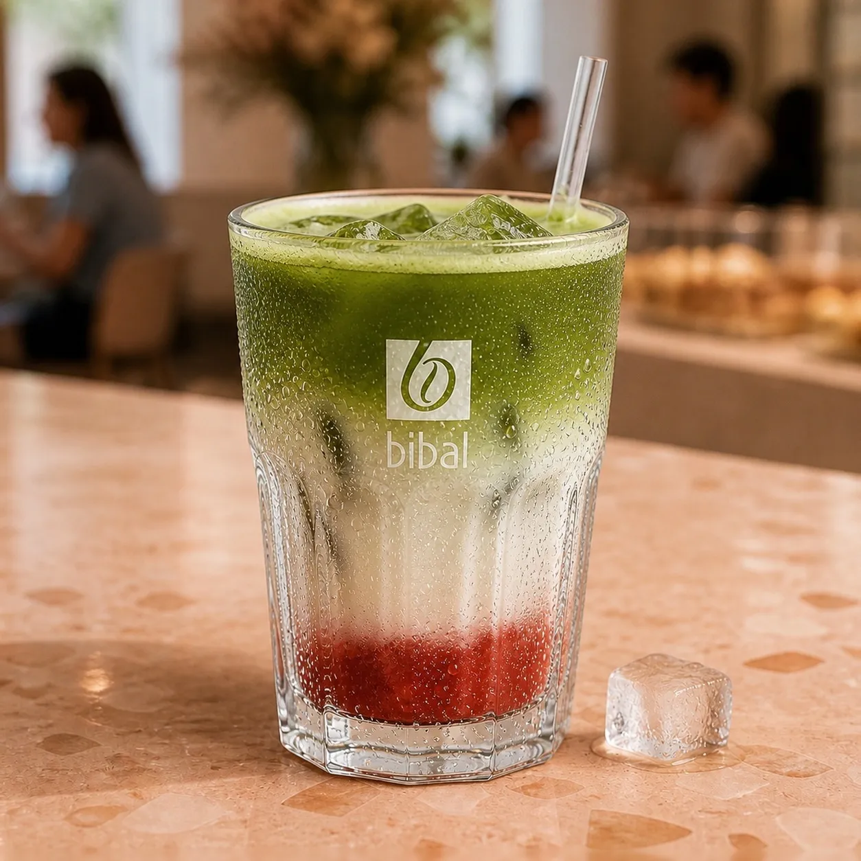 Matcha à la Fraise (Strawberry Matcha Latte) — la même boisson en gros plan à 45° : la matière, la texture et le service