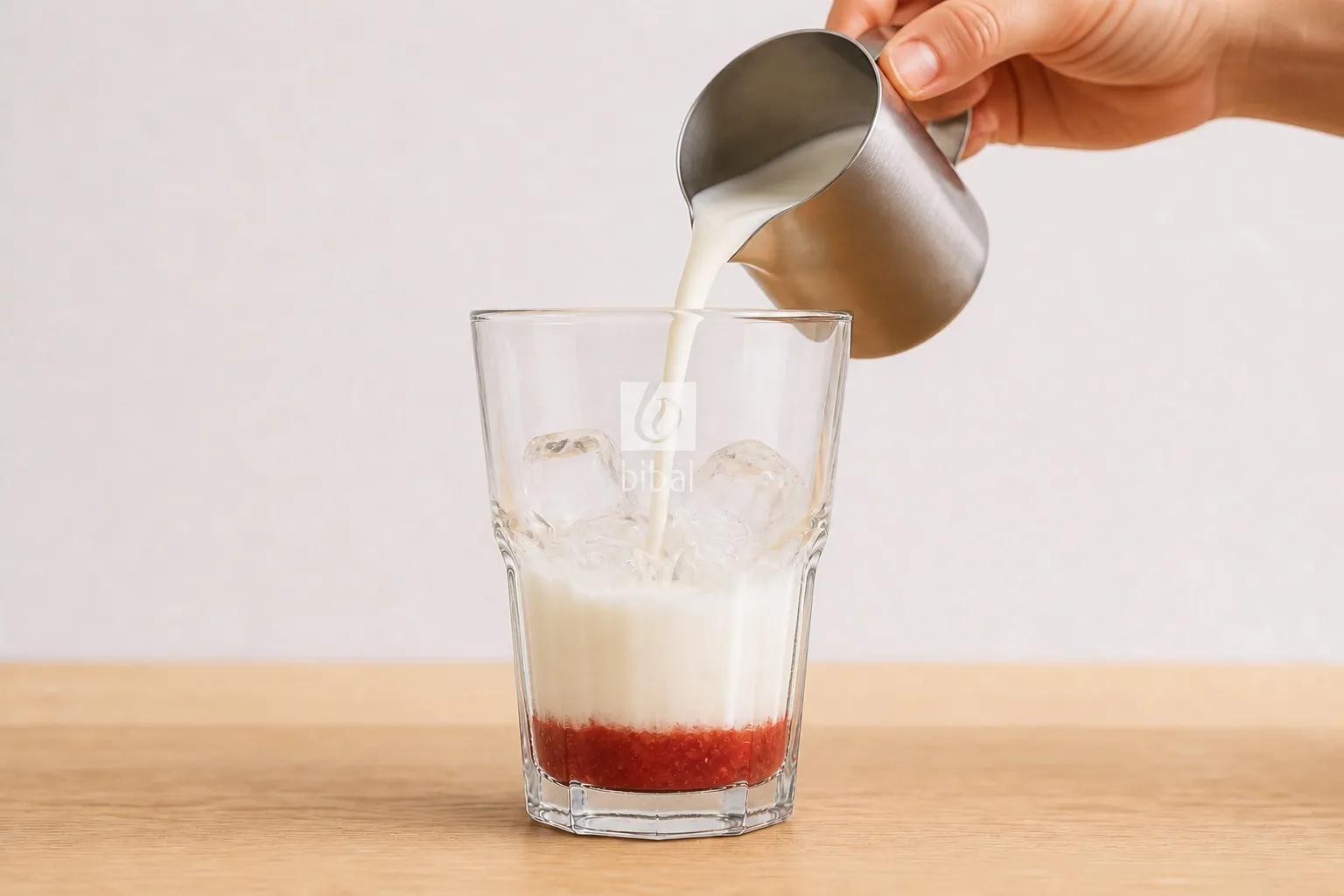 Matcha à la Fraise (Strawberry Matcha Latte) — étape 2 : Glaçons puis 20 cl de lait d'avoine BIO Yofi versé doucement (2ᵉ couche)
