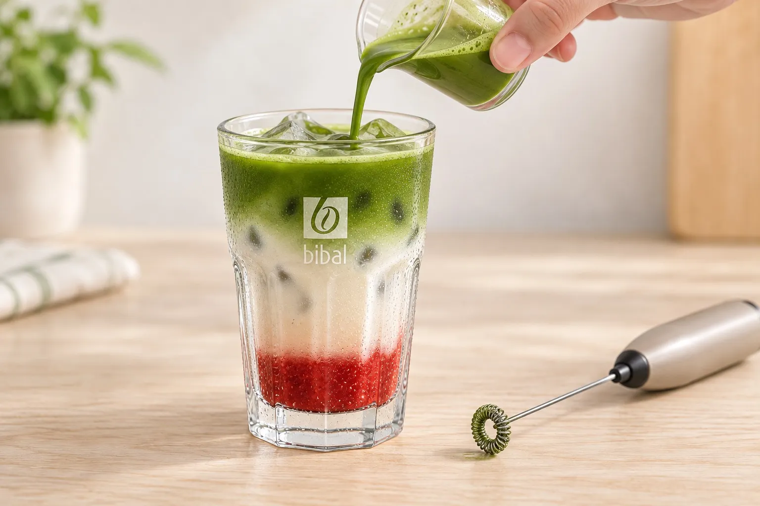 Matcha à la Fraise (Strawberry Matcha Latte) — étape 3 : Préparer le matcha à froid au mousseur électrique (3 g dans 4 cl d'eau) et le couler au-dessus (3ᵉ couche)