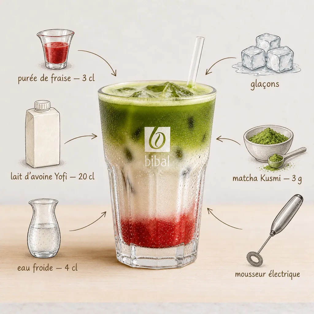 Matcha à la Fraise (Strawberry Matcha Latte) — les ingrédients de la recette, illustrés autour du produit fini