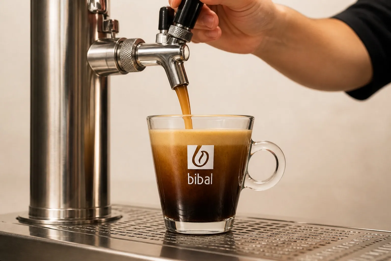 Nitro Cold Brew Bibal — étape 2 : Tirage lent au bec nitro — laisser la cascade se faire et le col de mousse se former. Produit à venir : nous consulter