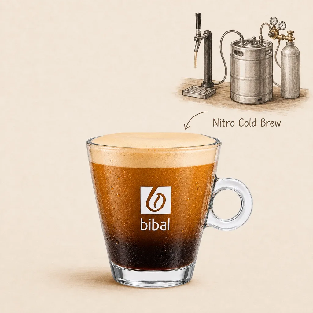 Nitro Cold Brew Bibal — les ingrédients de la recette, illustrés autour du produit fini