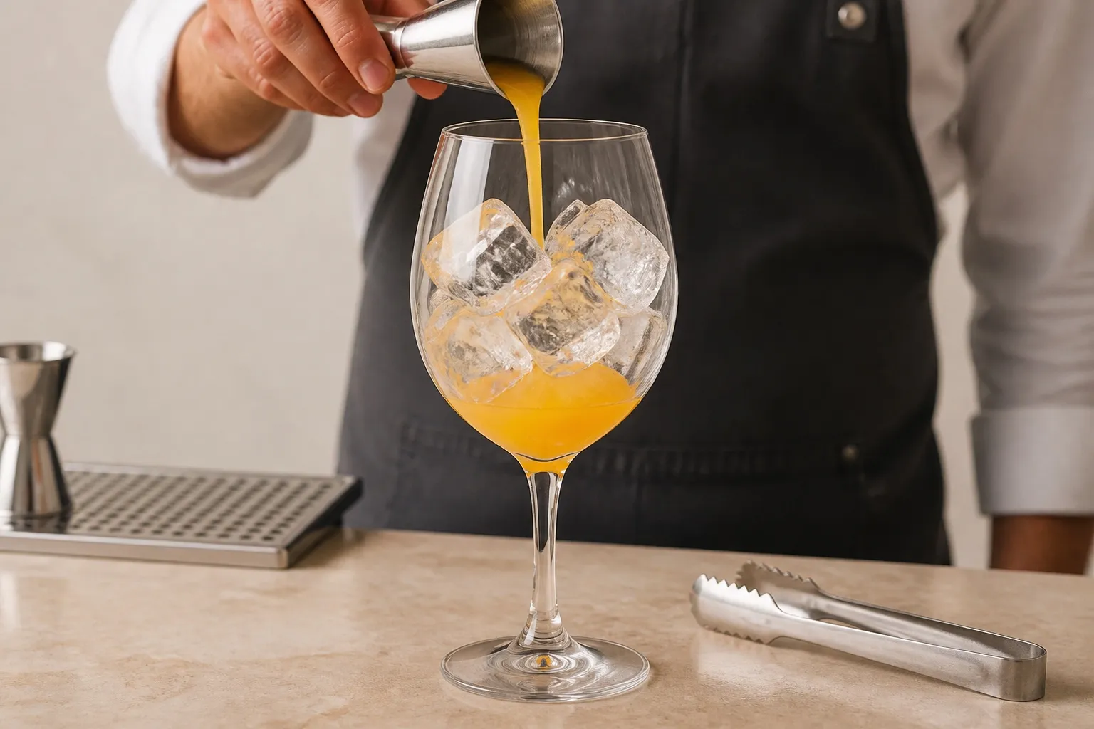 Solis Spritz Abricot & Romarin — Signature "Made in Sud" — étape 1 : Glaçons + purée d'abricot dans le verre à cocktail