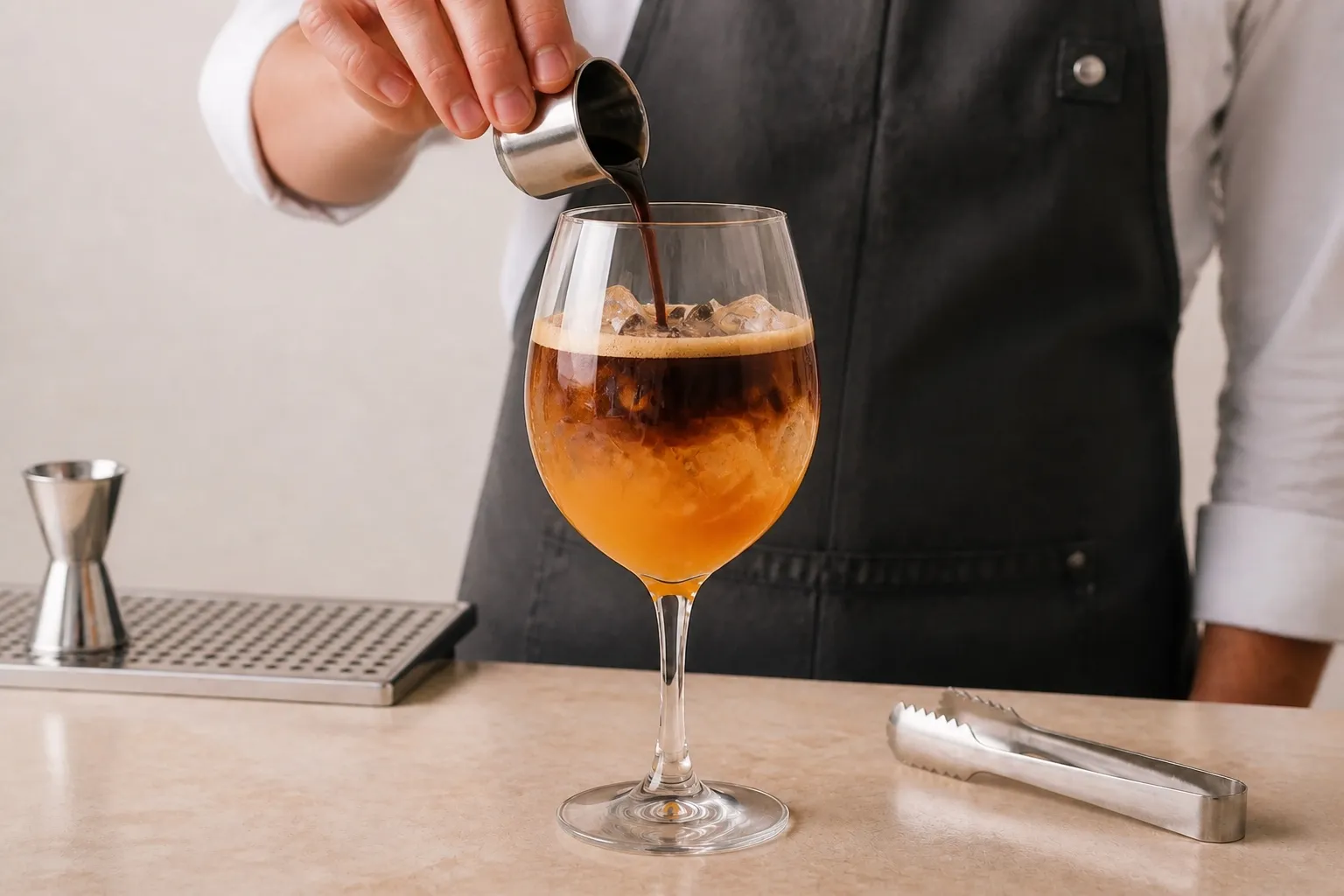 Solis Spritz Abricot & Romarin — Signature "Made in Sud" — étape 3 : Couler 1 dose d'expresso chaud (8-9 g) au sommet