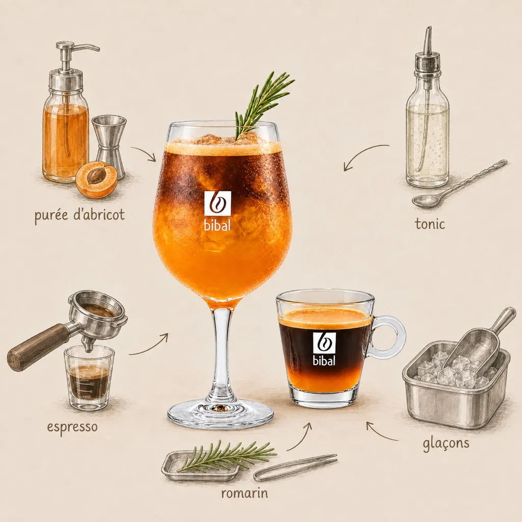 Solis Spritz Abricot & Romarin — Signature "Made in Sud" — les ingrédients de la recette, illustrés autour du produit fini