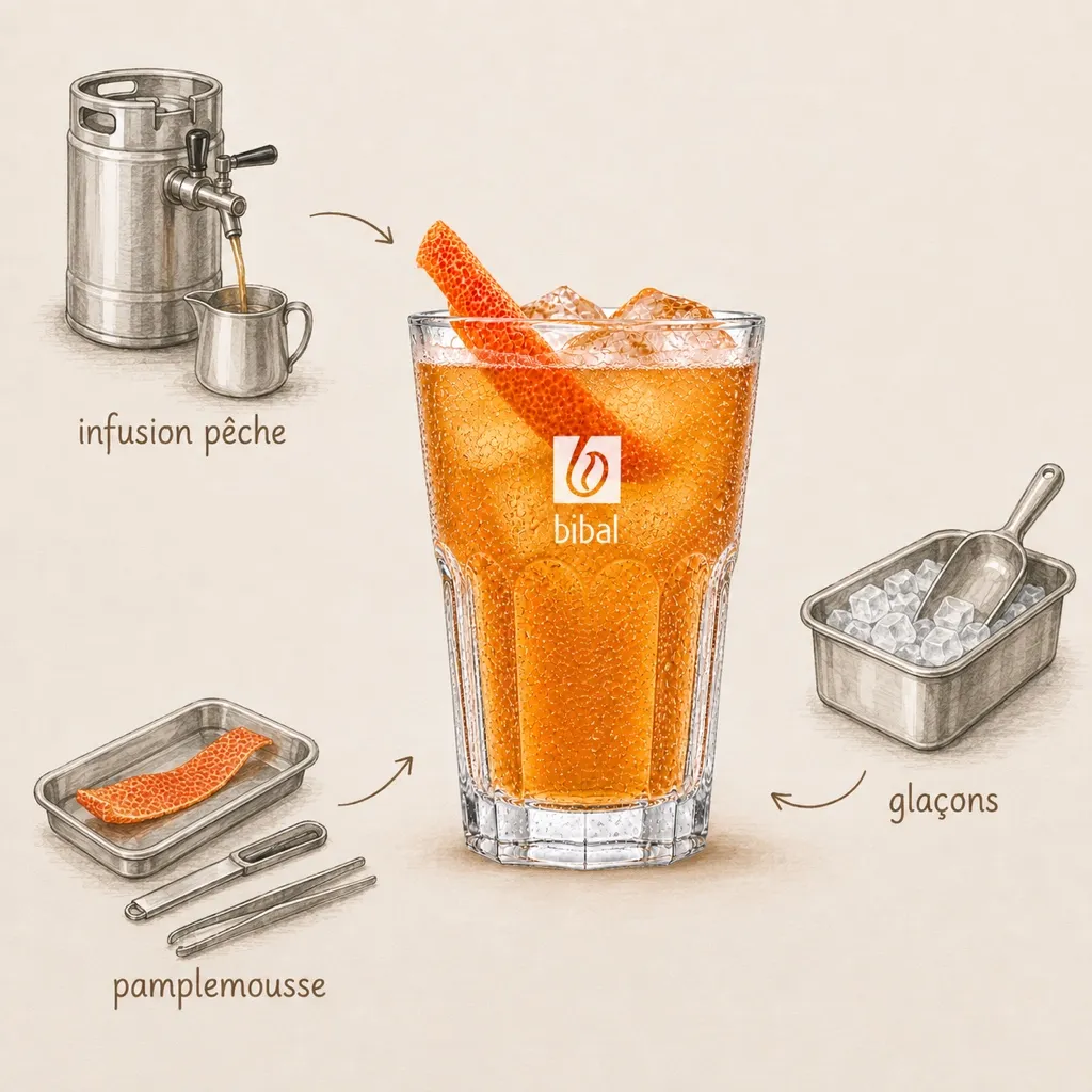 Sparkling Tea Pêche Pétillant (Tirage Pression) — les ingrédients de la recette, illustrés autour du produit fini