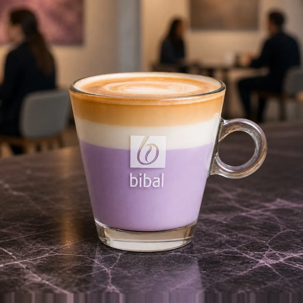 Ube Latte "Violet Tendance" — la même boisson en gros plan à 45° : la matière, la texture et le service