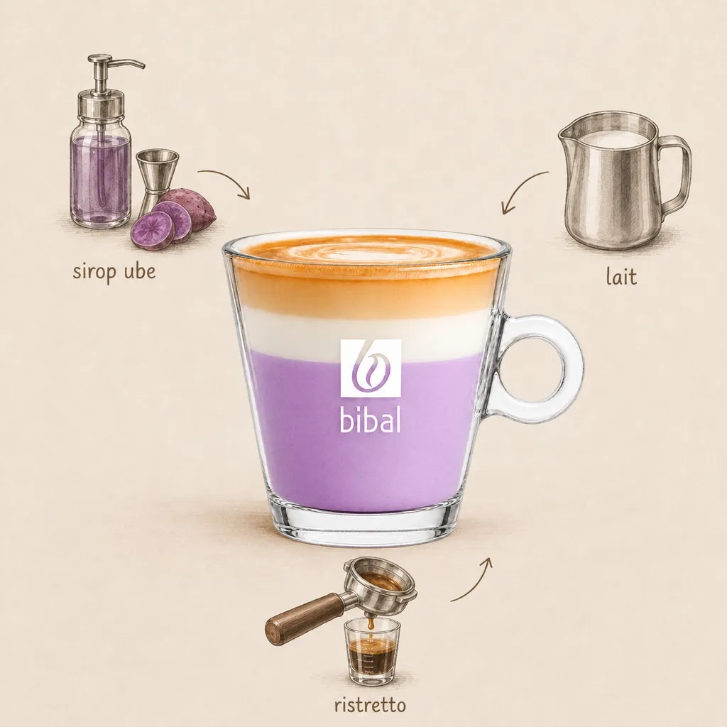 Ube Latte "Violet Tendance" — les ingrédients de la recette, illustrés autour du produit fini