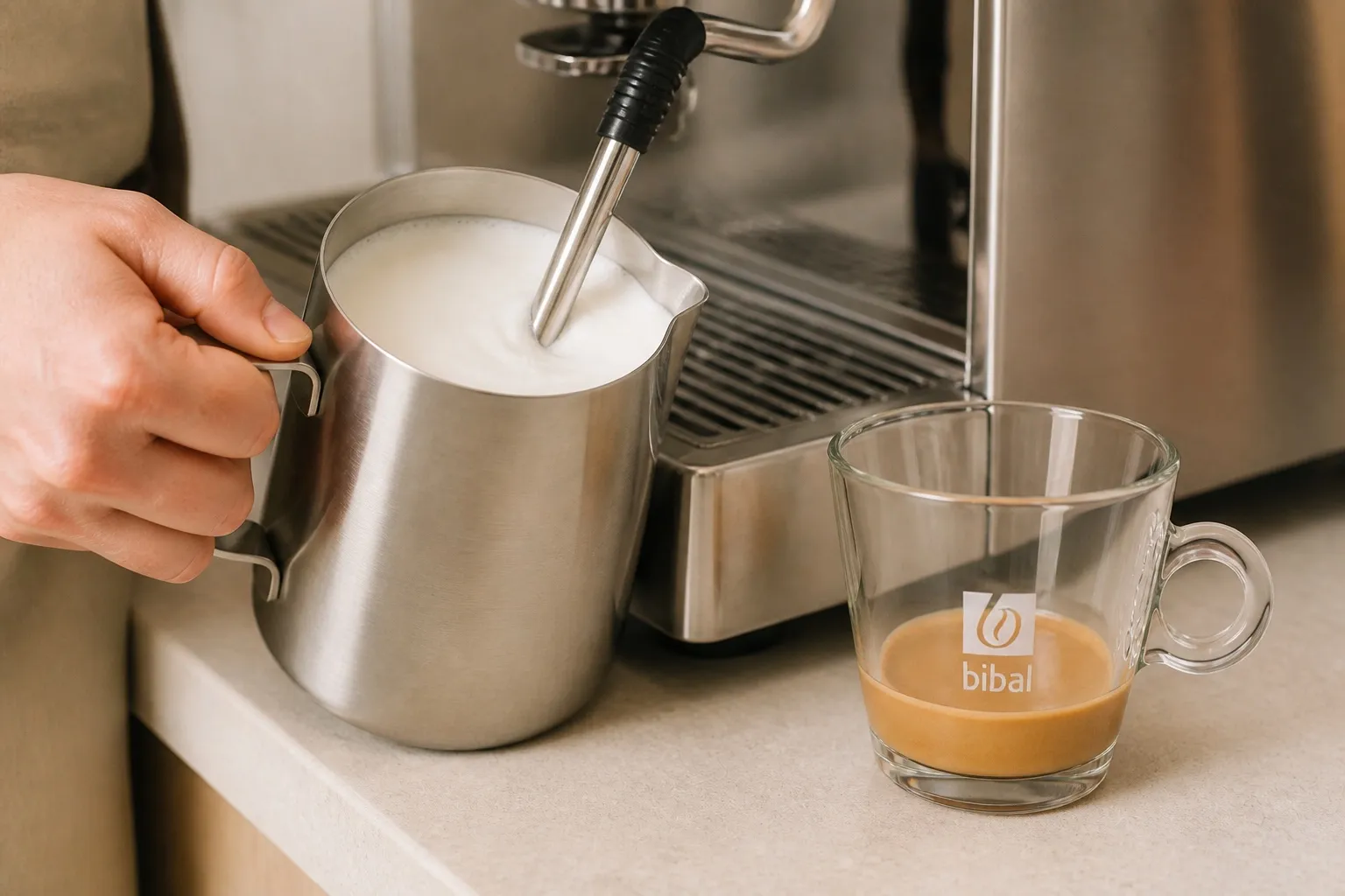 White Mocha Onctueux (White Café Moka) — étape 3 : Monter 190 ml de lait à la buse vapeur ou au mousseur