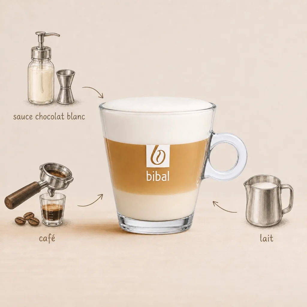White Mocha Onctueux (White Café Moka) — les ingrédients de la recette, illustrés autour du produit fini