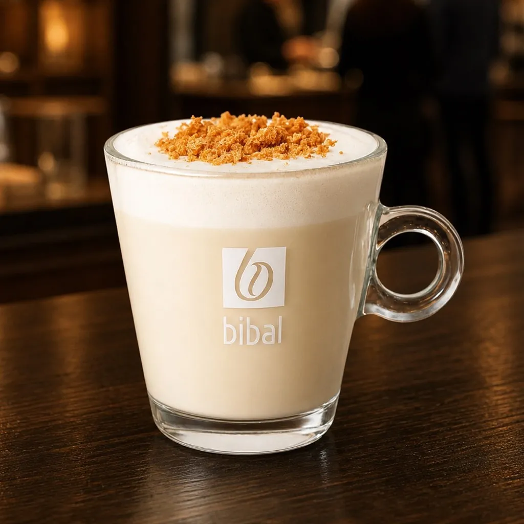 White Spéculoos (Sans Café) — la même boisson en gros plan à 45° : la matière, la texture et le service