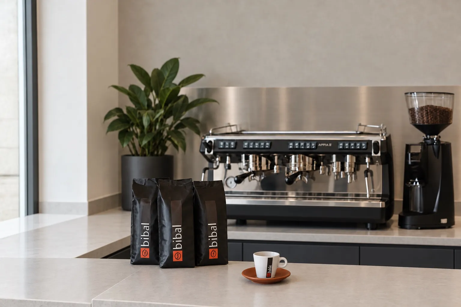 Machine à café et paquets de café livrés sur un comptoir — Forfait Bibal Pro