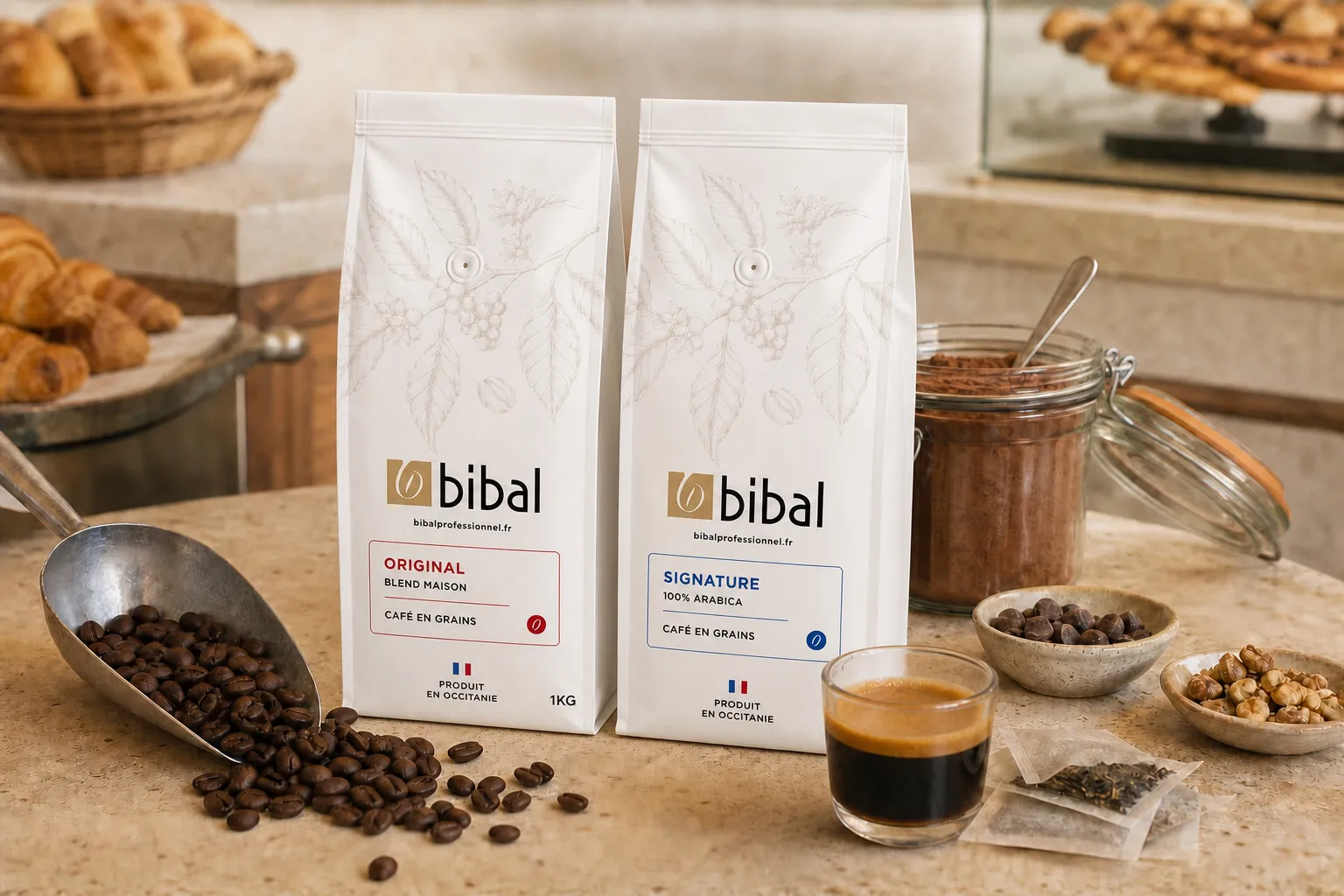 Paquets de café Bibal Pro Original et Signature, grains et chocolat en poudre réunis sur un plan de travail