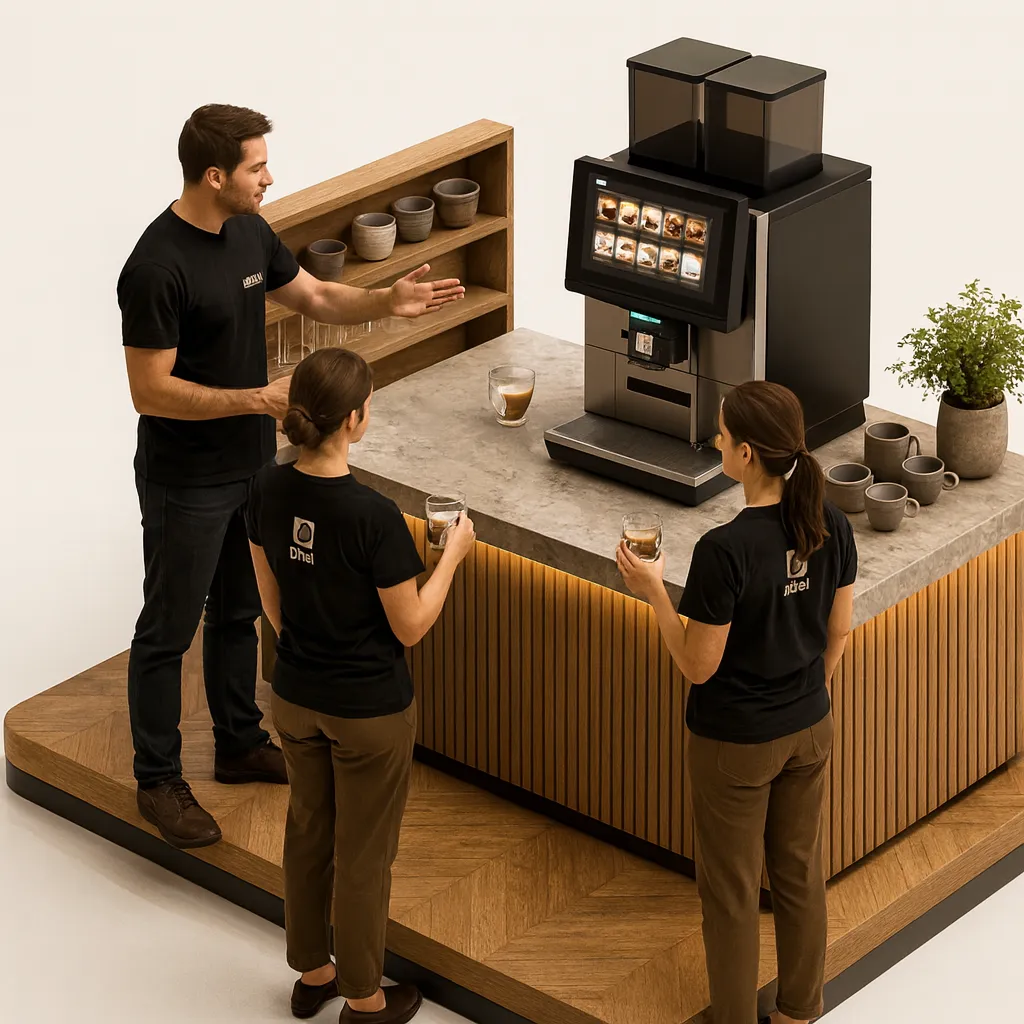 Illustration 3D isométrique : l'équipe s'exerce sur ses propres machines, tasse après tasse
