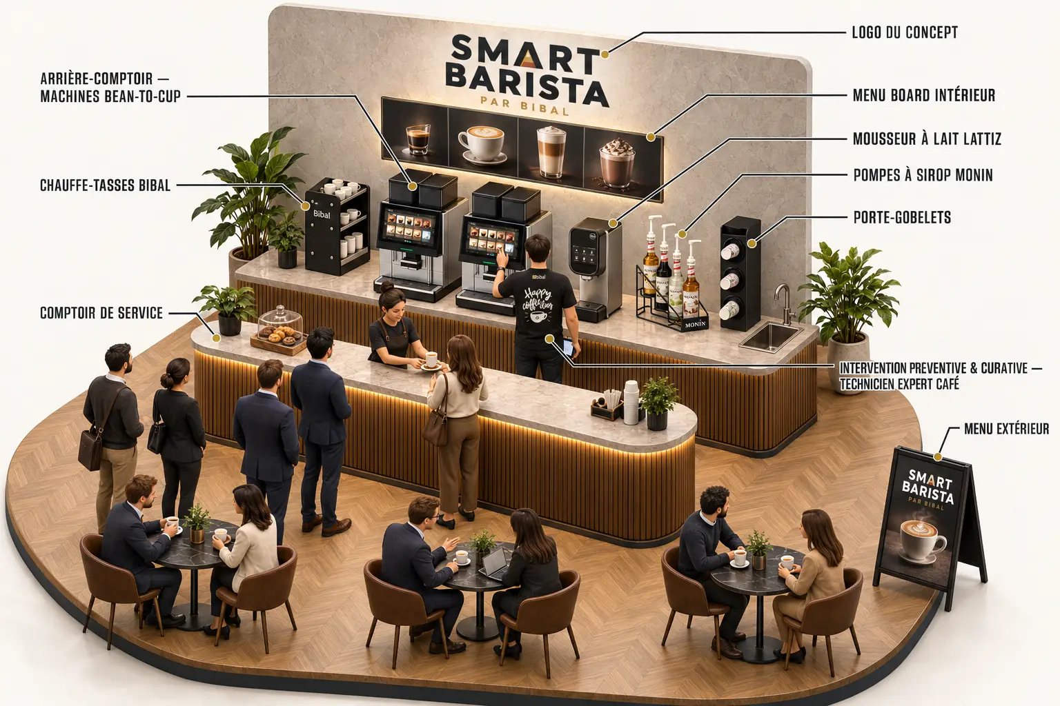 Illustration 3D isométrique annotée du concept Smart Barista : machines bean-to-cup, chauffe-tasses Bibal, mousseur à lait Lattiz, pompes à sirop Monin, porte-gobelets, menus intérieur et extérieur, comptoir de service et maintenance par un technicien expert café