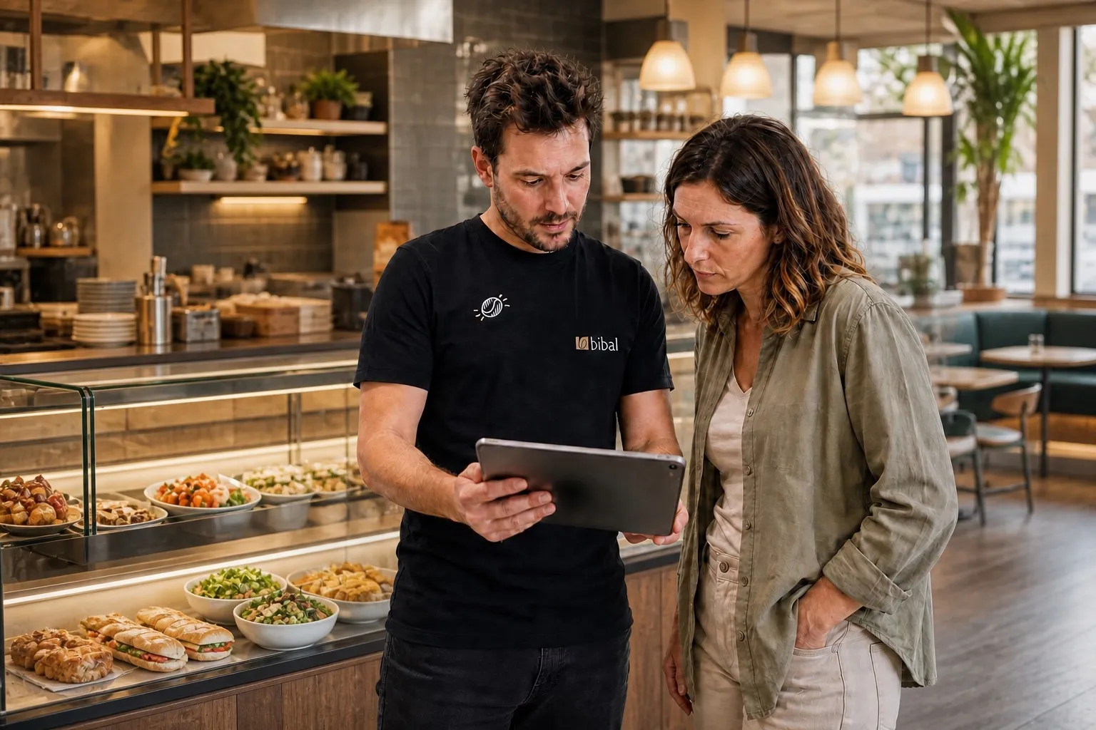 Conseiller Bibal et gérante étudiant le tableau de bord des ventes sur une tablette dans une brasserie-snacking contemporaine