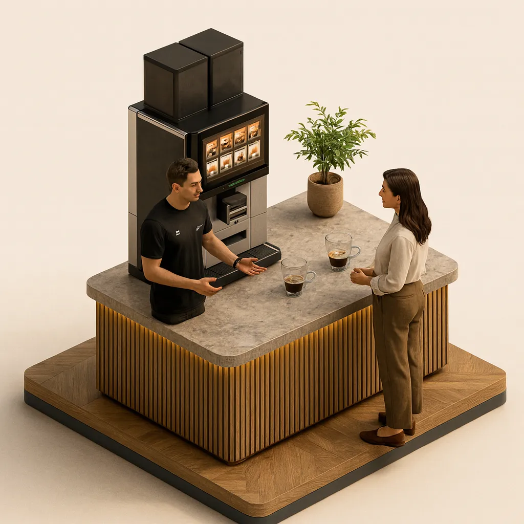 Illustration 3D isométrique : la formatrice Bibal au comptoir du client, ou dans le showroom de Saint-Aunès