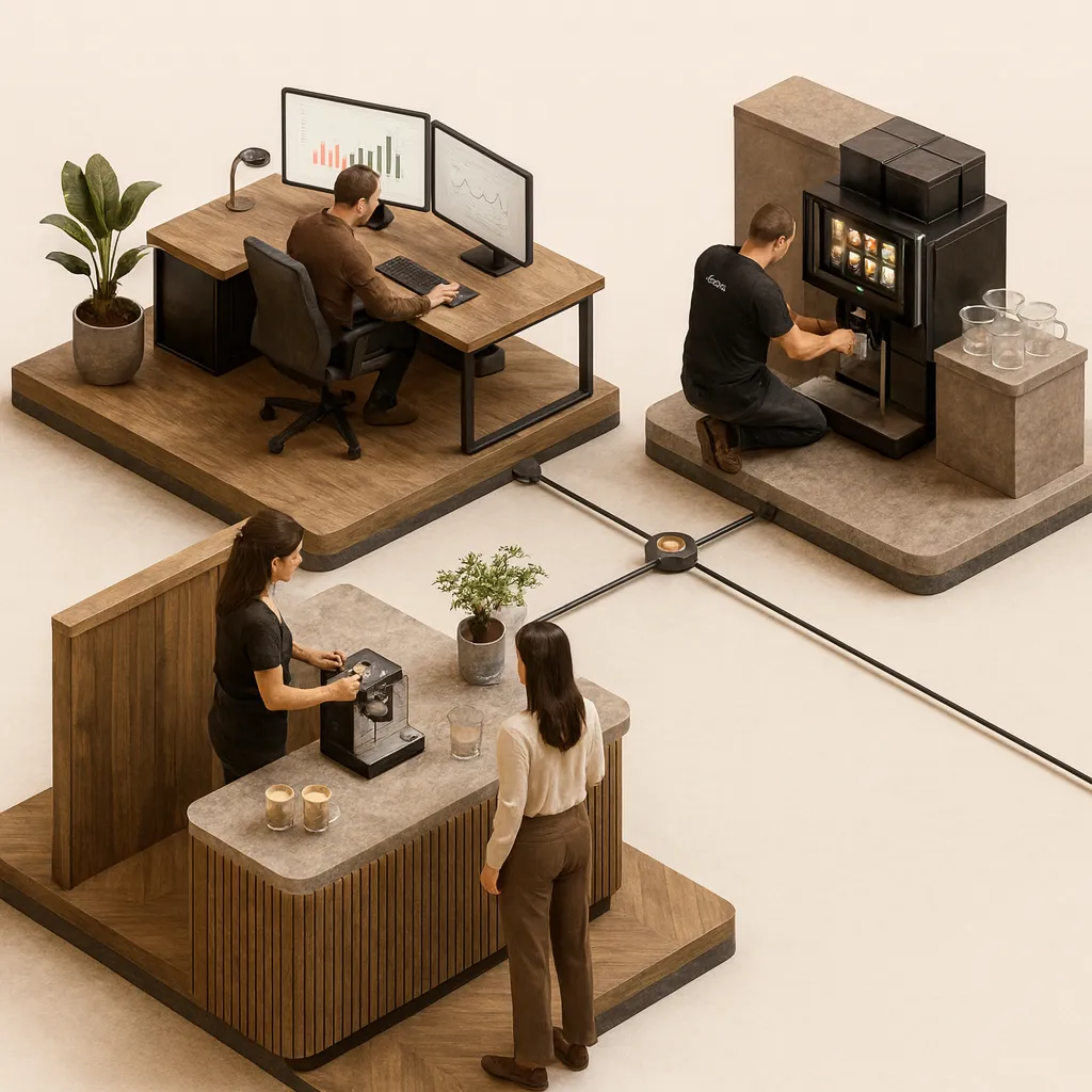 Illustration 3D isométrique : le suivi dans la durée par les experts Bibal, retour au comptoir